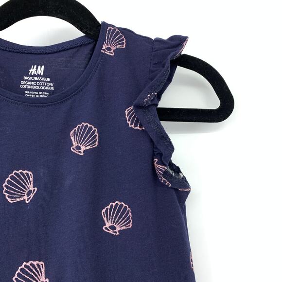 H&M Ruffle Sleeve A-Line Dress Girls 5T/6 Navy Pink Shell Print Organic Cotton - Picture 3 of 6